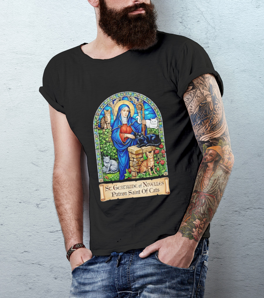 St. Gertrude Of Nivelles Patron Saint Of Cats Iconic Stained Glass Cat T-Shirt