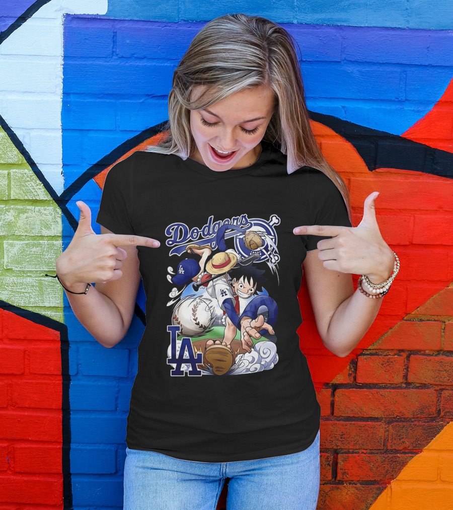 Luffy Los Angeles Dodgers One Piece Anime Crossover MLB Collaboration T-Shirt