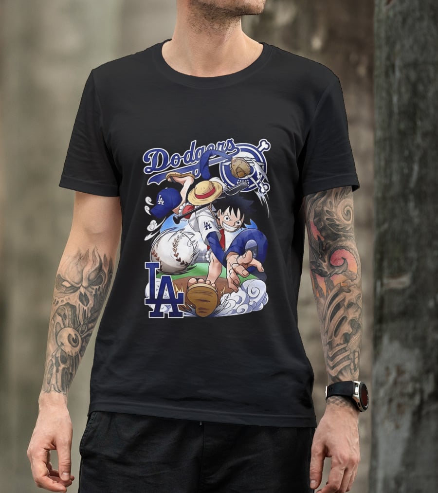 Luffy Los Angeles Dodgers One Piece Anime Crossover MLB Collaboration T-Shirt