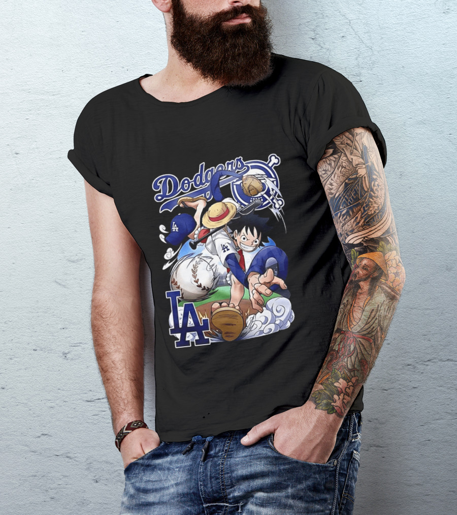 Luffy Los Angeles Dodgers One Piece Anime Crossover MLB Collaboration T-Shirt
