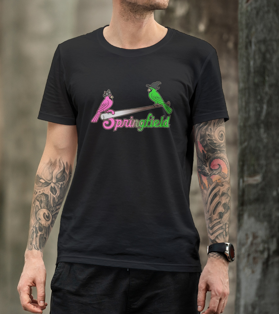 Springfield Cardinals Pink And Green Birds With Crown And Witch Hat Baseball Bat T-Shirt