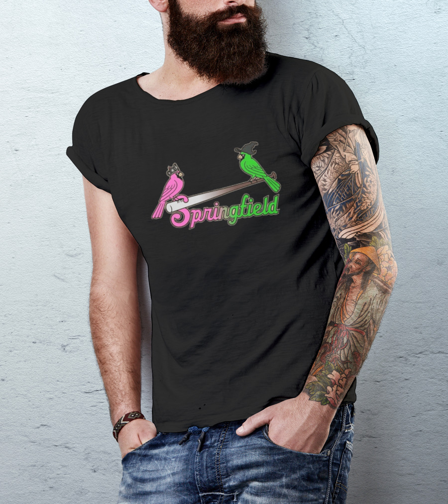 Springfield Cardinals Pink And Green Birds With Crown And Witch Hat Baseball Bat T-Shirt