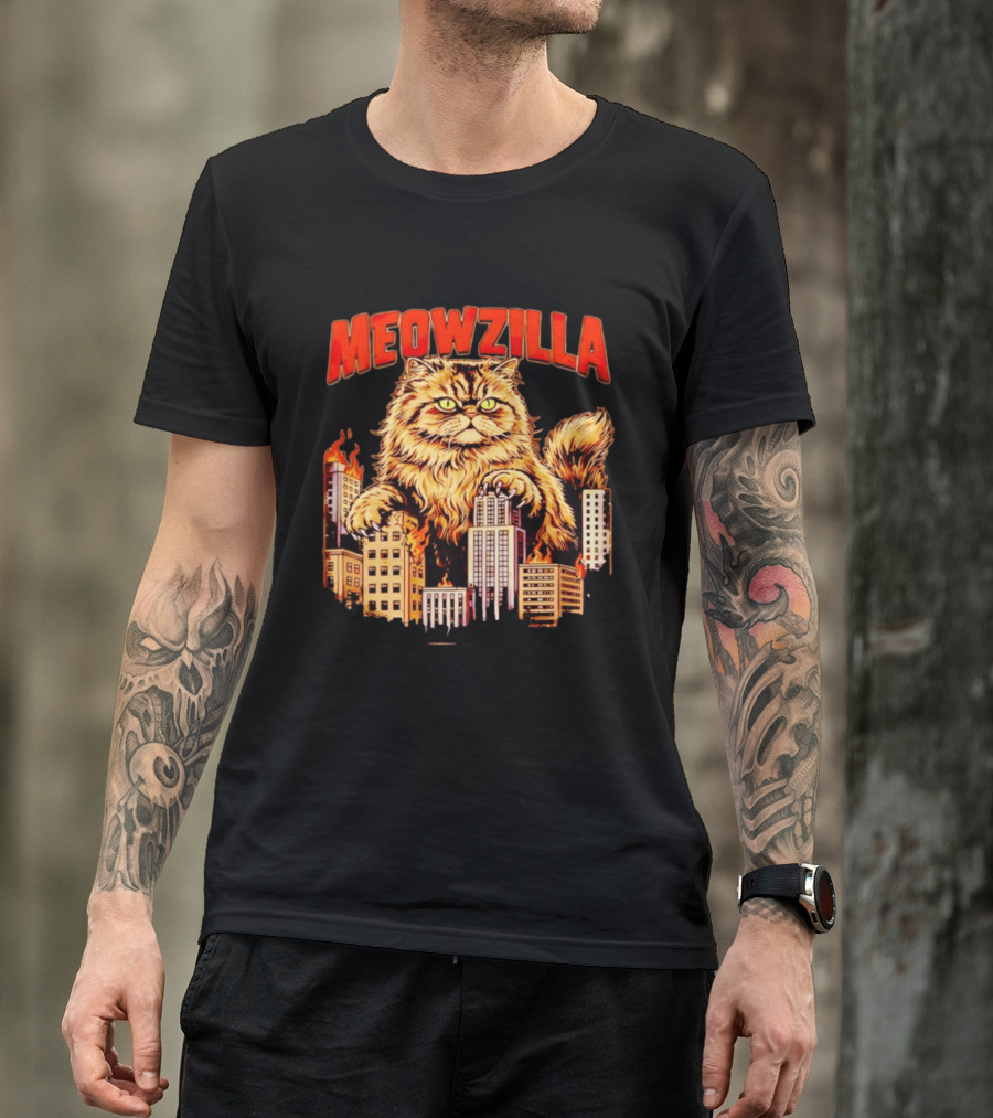 Meowzilla Giant Cat Rampage Over Burning City Skyline T-Shirt