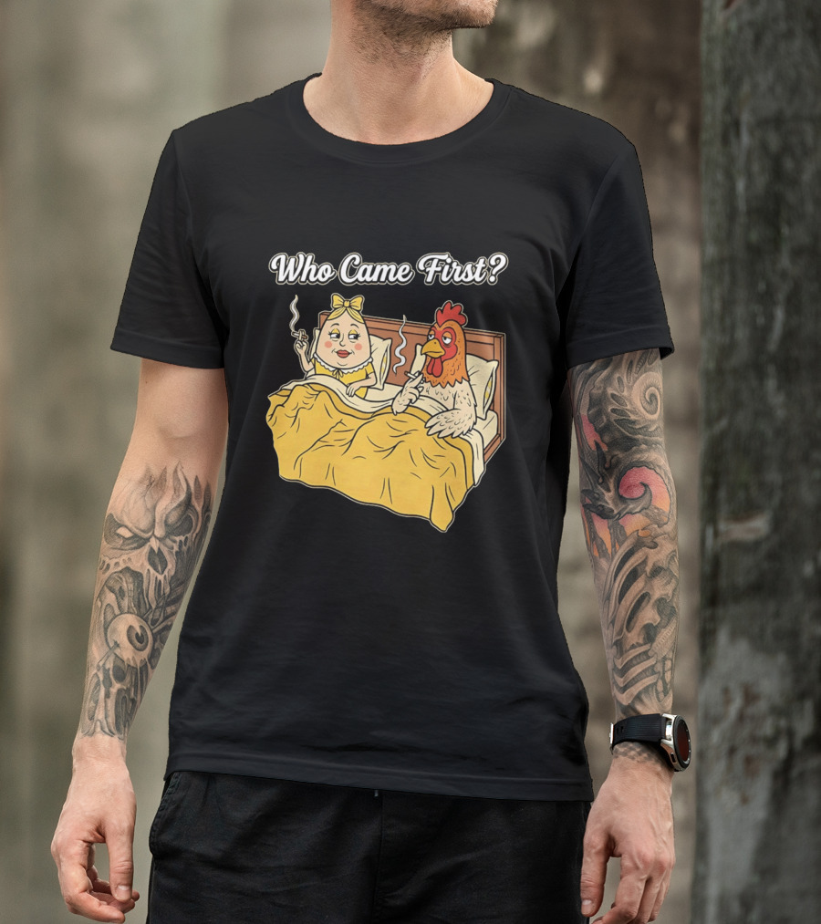 Who Came First Funny Chicken And Egg Bed Scene T-Shirt