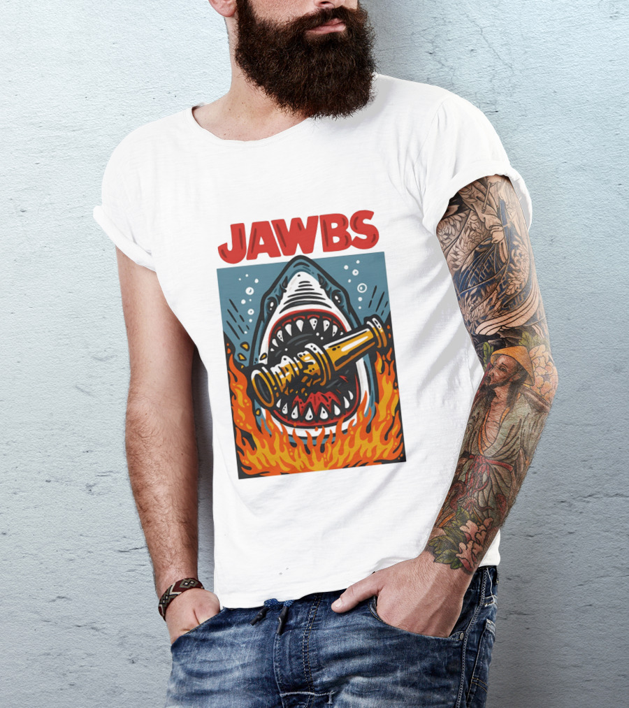 JAWS Jawbs Shark Biting Fire Hose Surrounded By Flames T-Shirt