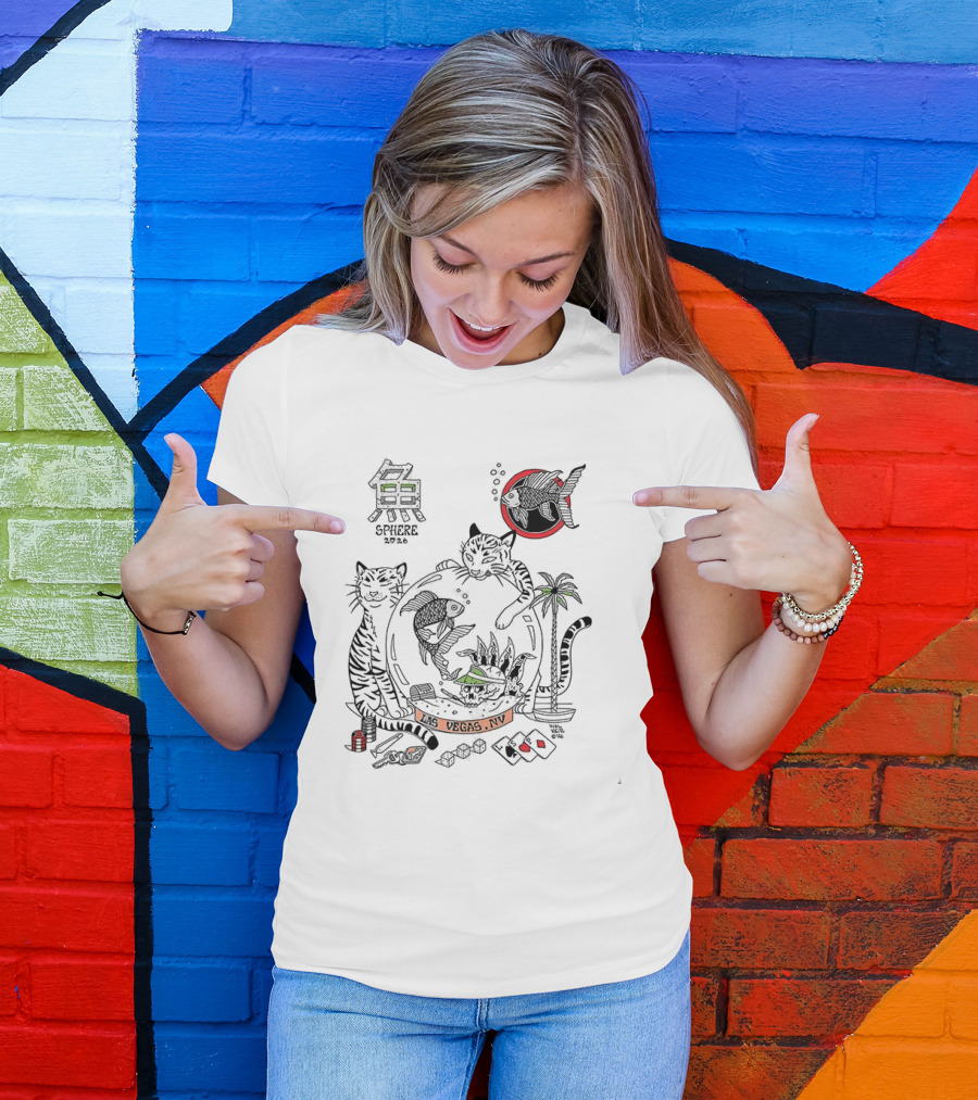 Sphere 2026 Vegas Cats And Aquatic Scene With Fish, Palm Trees, And Dice T-Shirt