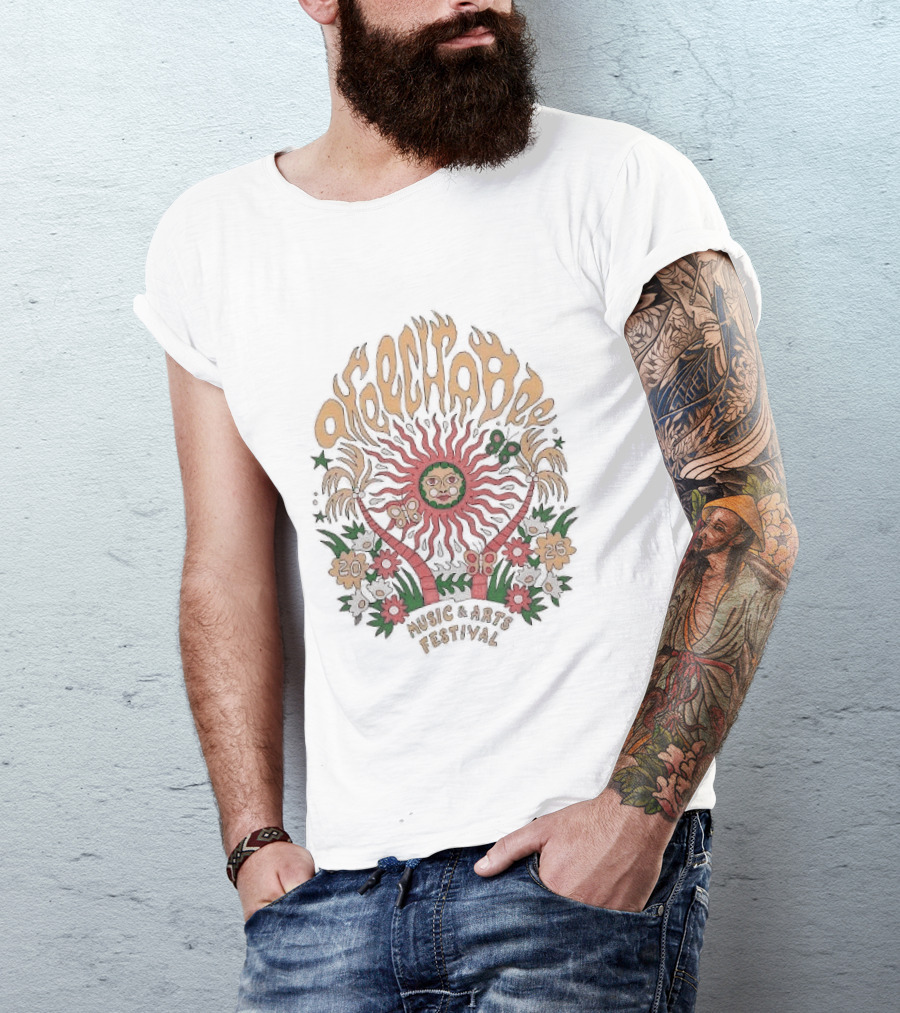 Okeechobee Music And Arts Festival 2026 Sun Illustration With Palm Trees And Floral Accents T-Shirt