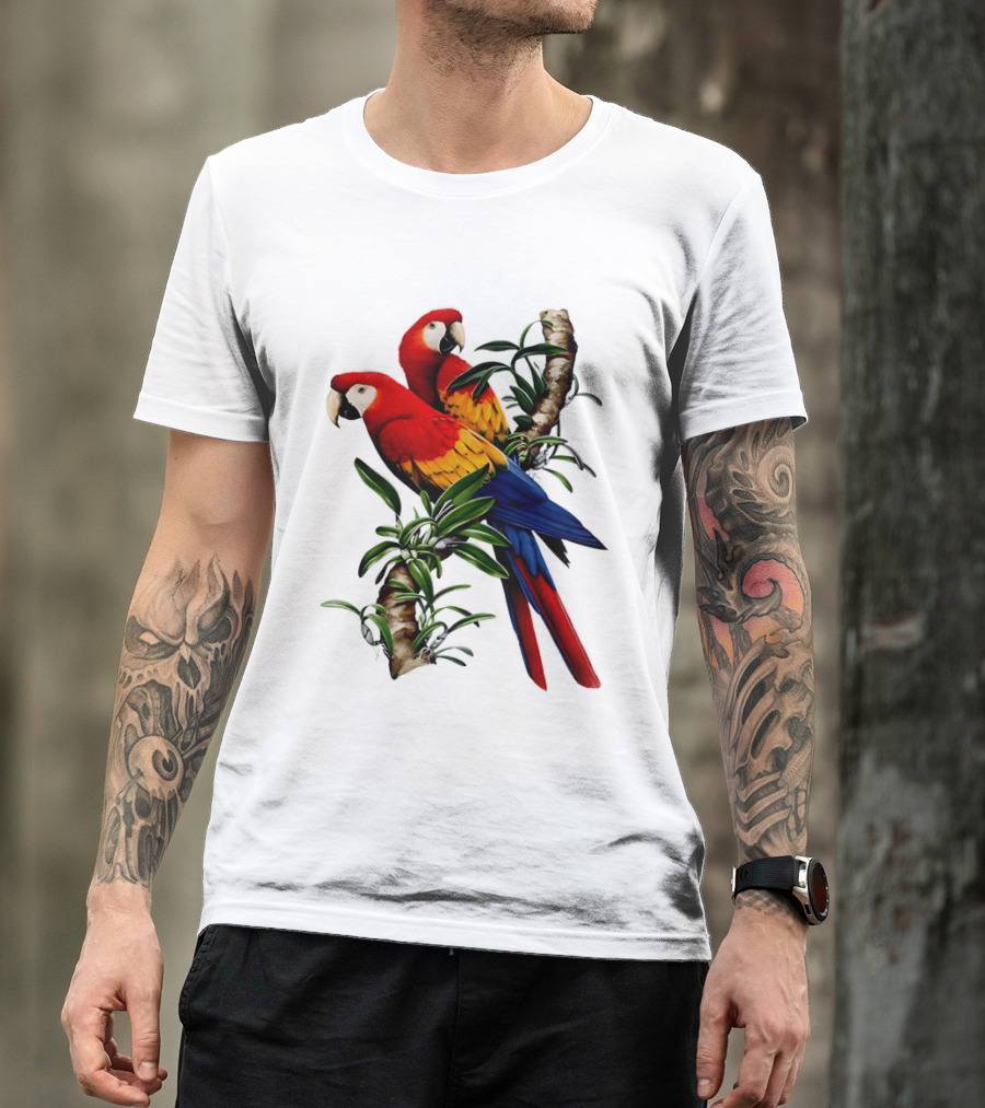 Parrot On Bret's Scarlet Macaw Tropical Branches T-Shirt