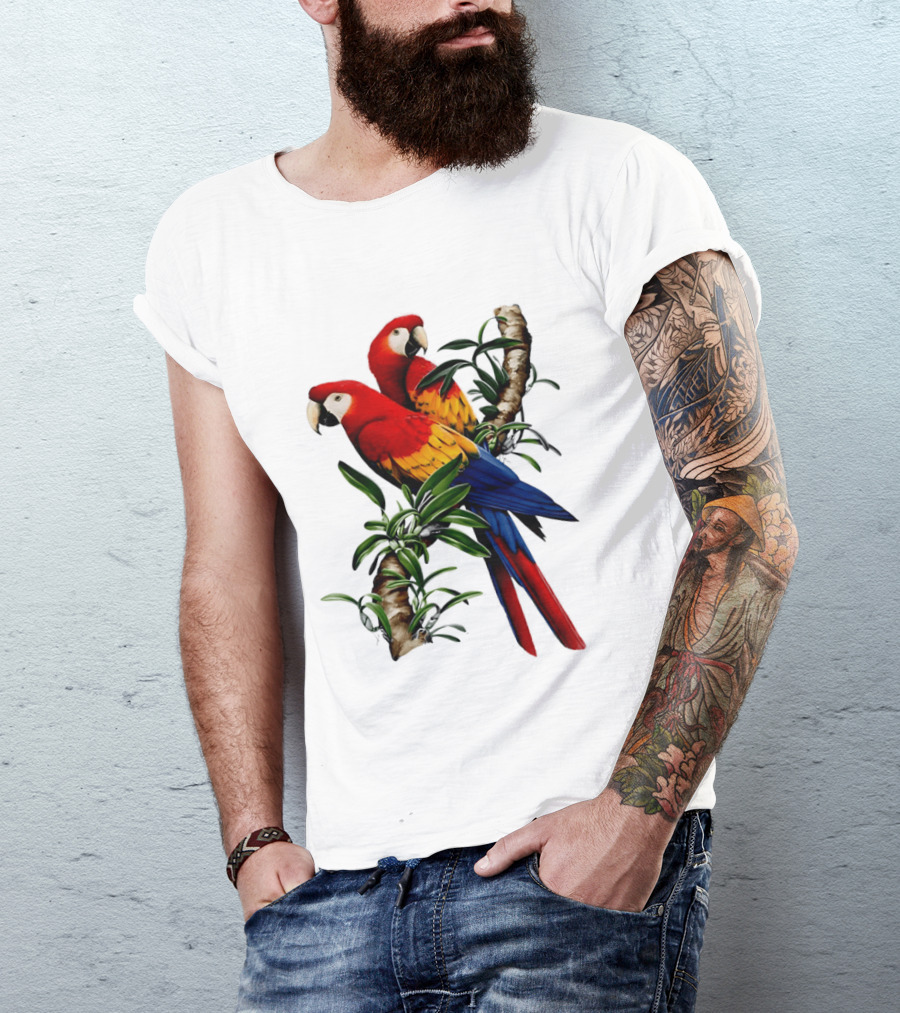 Parrot On Bret's Scarlet Macaw Tropical Branches T-Shirt