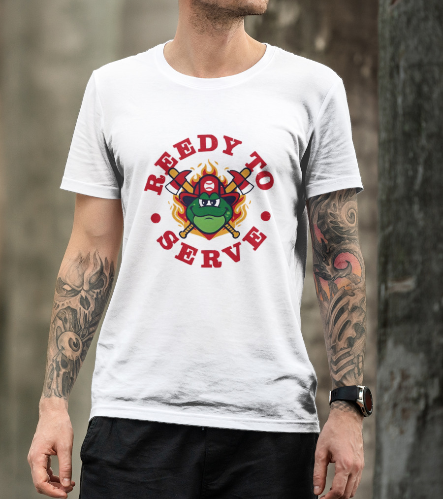 Reedy To Serve Reedy Rip'it The Frog Greenville Drive Baseball Firefighter T-Shirt