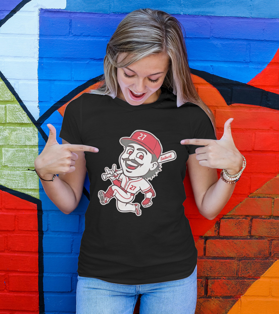 Cincinnati Reds Sal Stewart Number 27 Cartoon Player With Salbert Bat T-Shirt