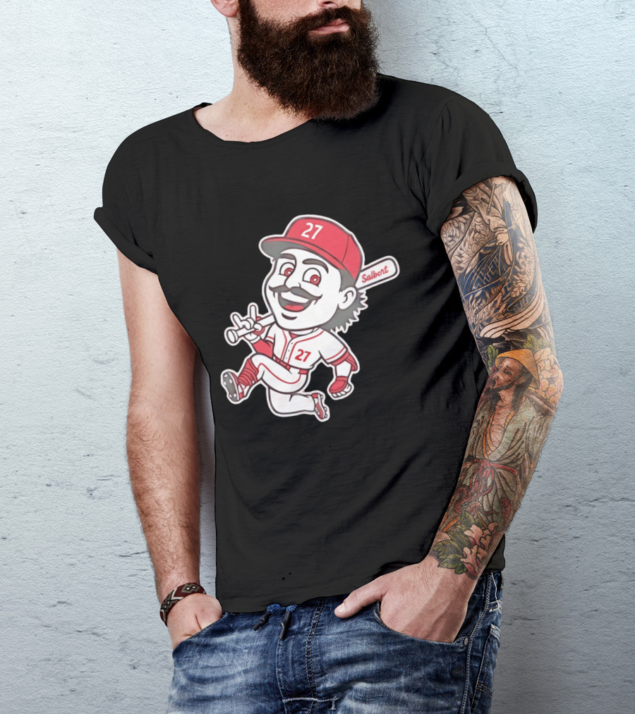 Cincinnati Reds Sal Stewart Number 27 Cartoon Player With Salbert Bat T-Shirt