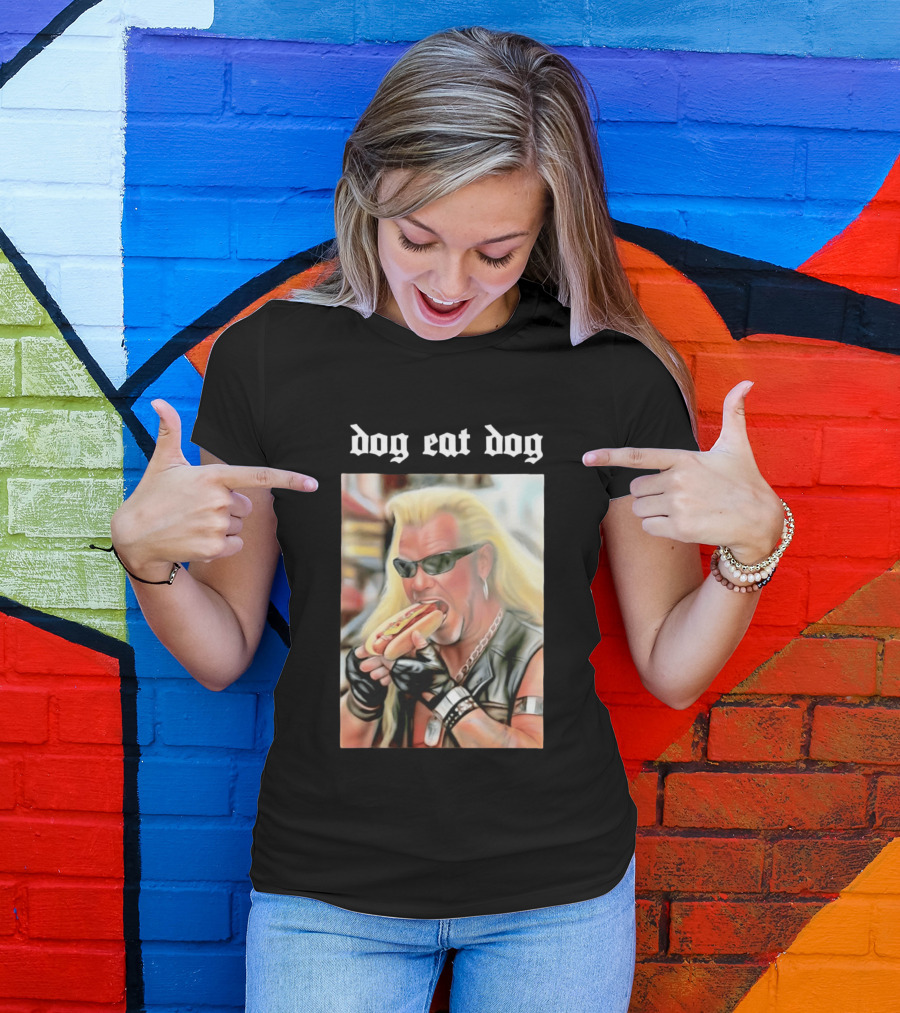 Dog Eat Dog Man Eating Hot Dog Sunglasses Blonde Long Hair T-Shirt