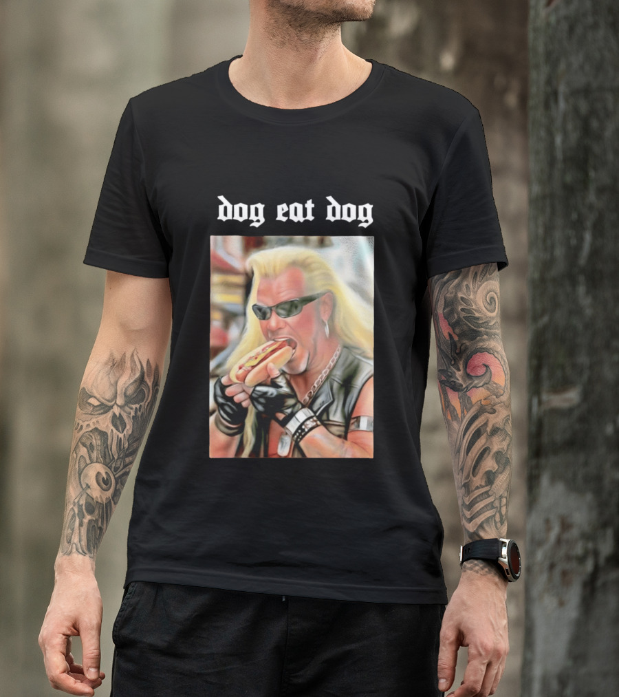 Dog Eat Dog Man Eating Hot Dog Sunglasses Blonde Long Hair T-Shirt