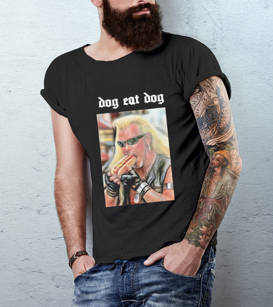 Dog Eat Dog Man Eating Hot Dog Sunglasses Blonde Long Hair T-Shirt