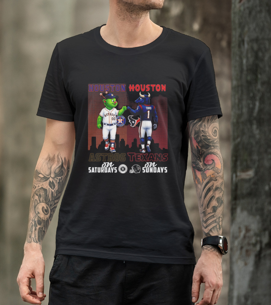 Houston Astros Orbit And Houston Texans Toro Skyline Saturdays Vs Sundays T-Shirt