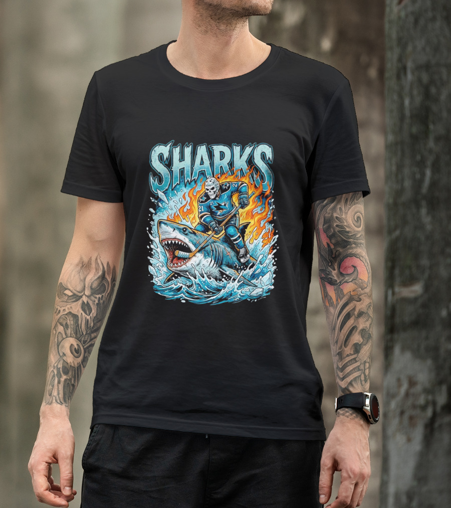 San Jose Sharks Hockey Player Riding Shark With Flames And Ice T-Shirt