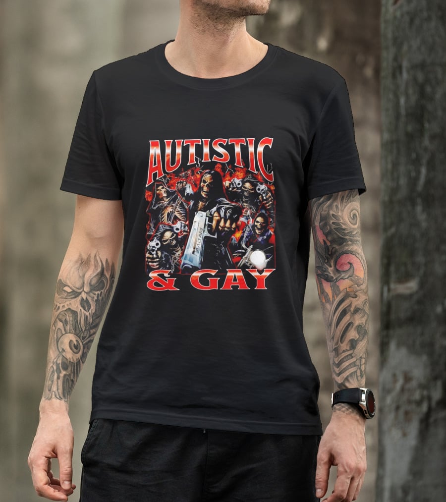 Autistic And Gay Skeletons Holding Weapons With Fire T-Shirt