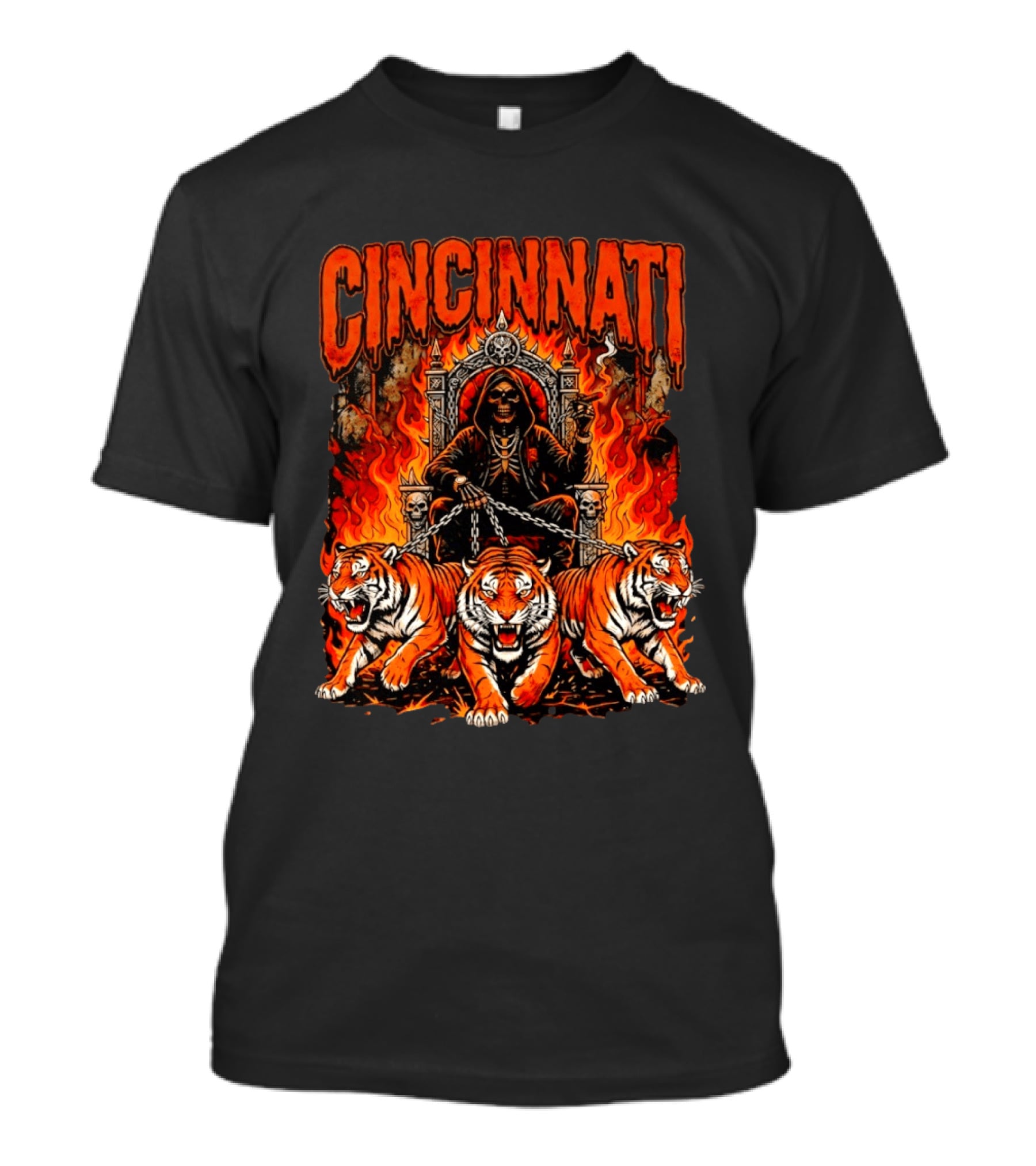 Cincinnati Skull Tiger Throne Fire Chains T-Shirt