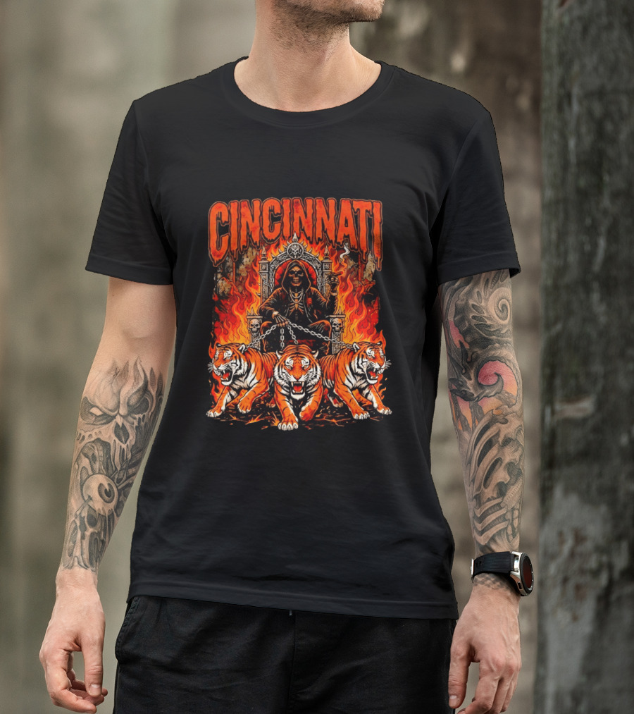 Cincinnati Skull Tiger Throne Fire Chains T-Shirt