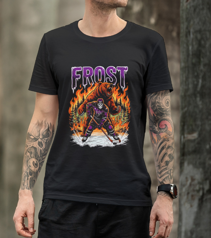 Frost Minnesota Hockey Skull Bear Flames Ice Rink T-Shirt