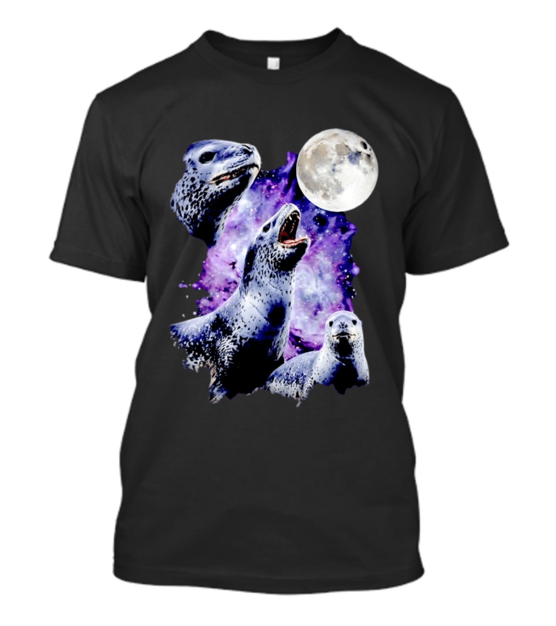 Three Leopard Seals Under Moonlight With Starry Purple Night Sky T-Shirt