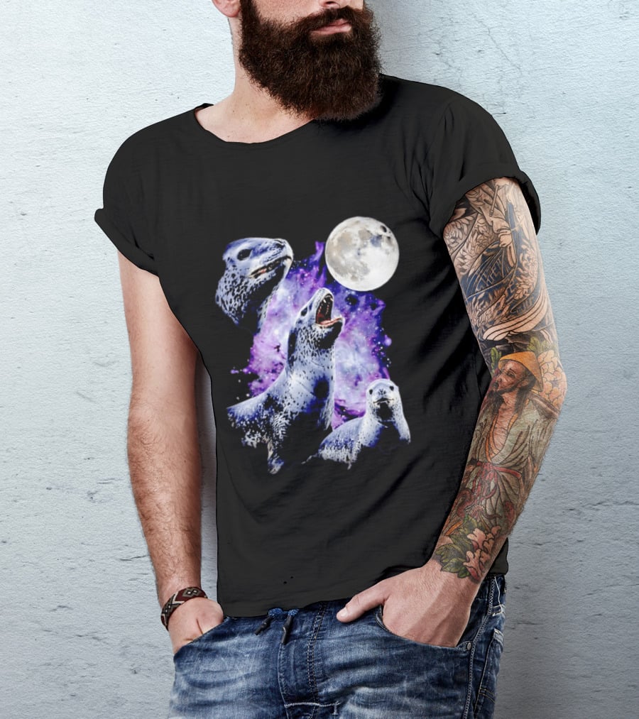 Three Leopard Seals Under Moonlight With Starry Purple Night Sky T-Shirt