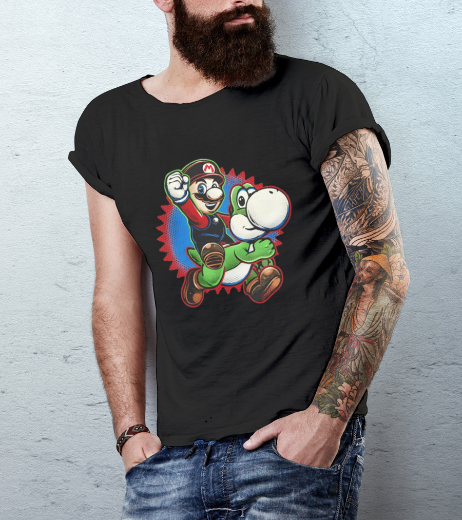 Mario And Yoshi Ride The Green Dino Classic Cartoon Adventure T-Shirt
