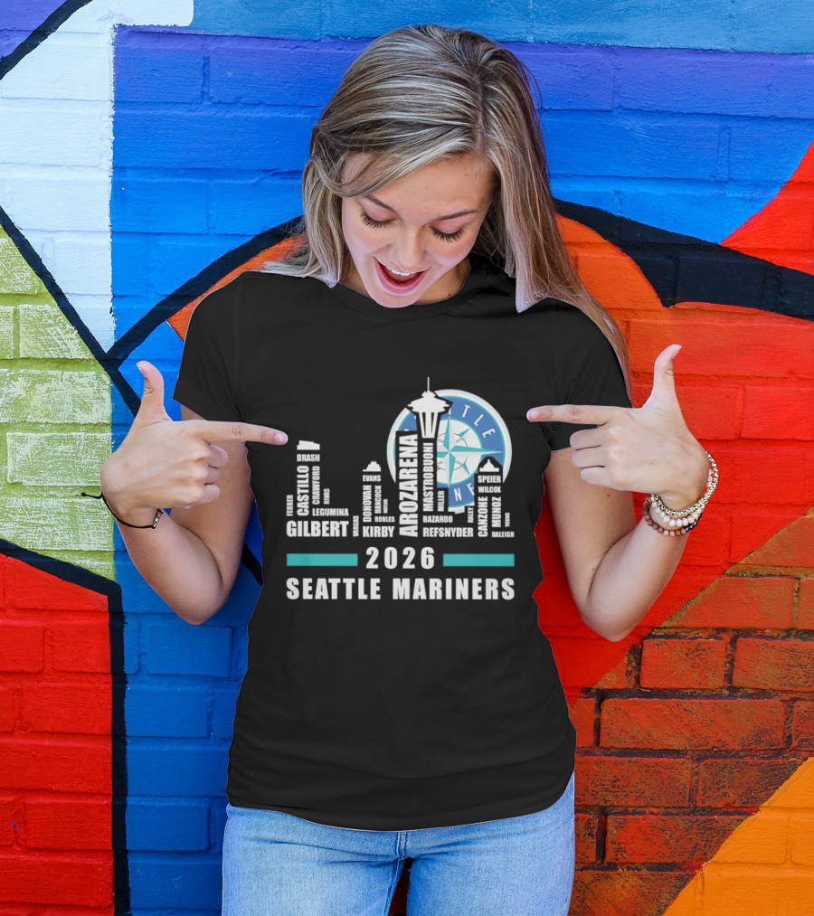 2026 Seattle Mariners City Connect Skyline With Player Names And Space Needle T-Shirt
