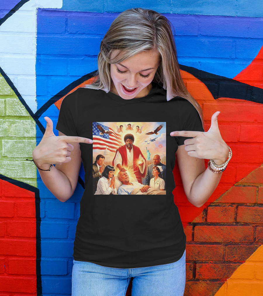 Samuel L. Jackson Exorcism Scene With Bruce Willis And US Patriotic Elements Meme T-Shirt