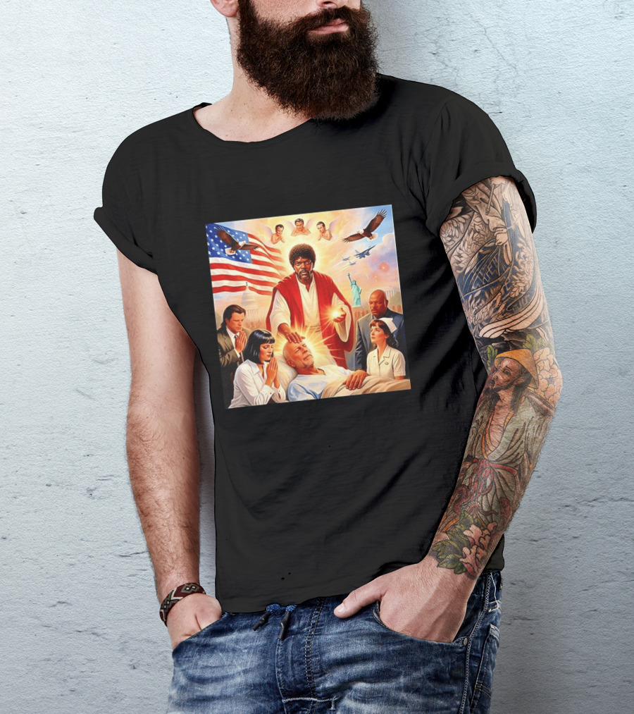 Samuel L. Jackson Exorcism Scene With Bruce Willis And US Patriotic Elements Meme T-Shirt