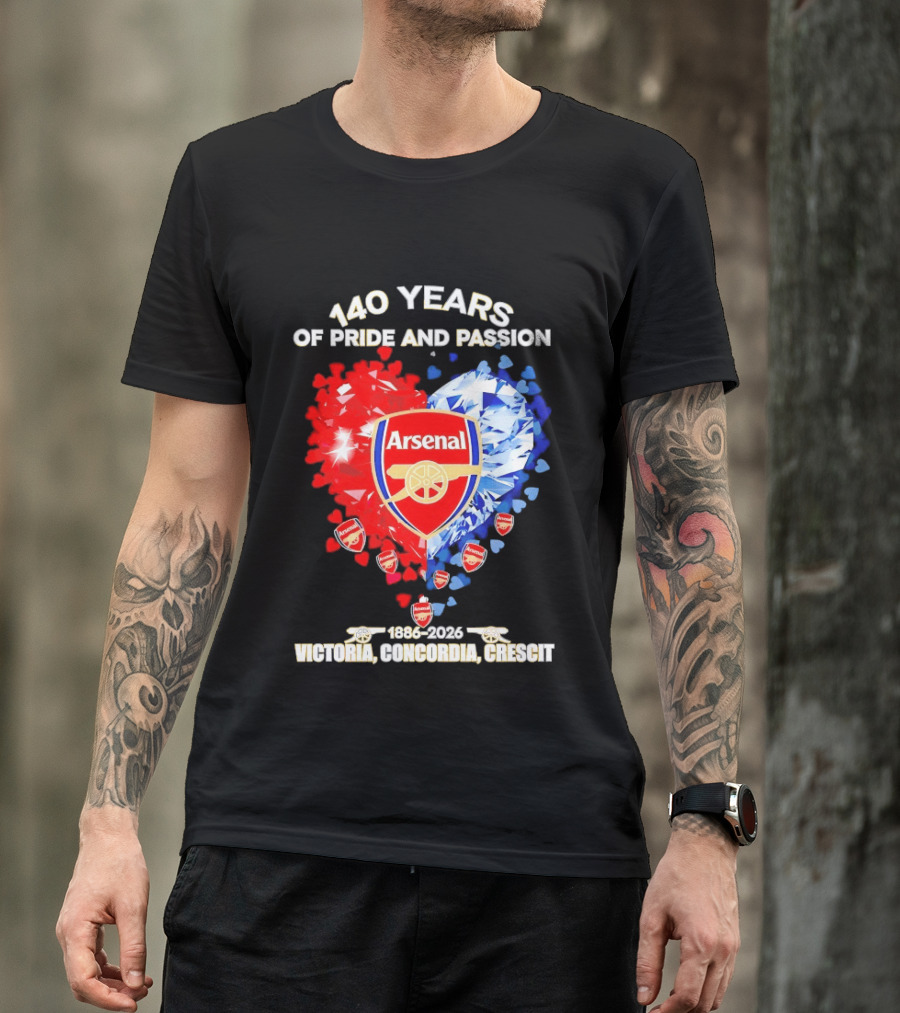 Arsenal 140 Years Of Pride And Passion Victoria Concordia Crescit 1886 2026 Heart Badge Crest T-Shirt