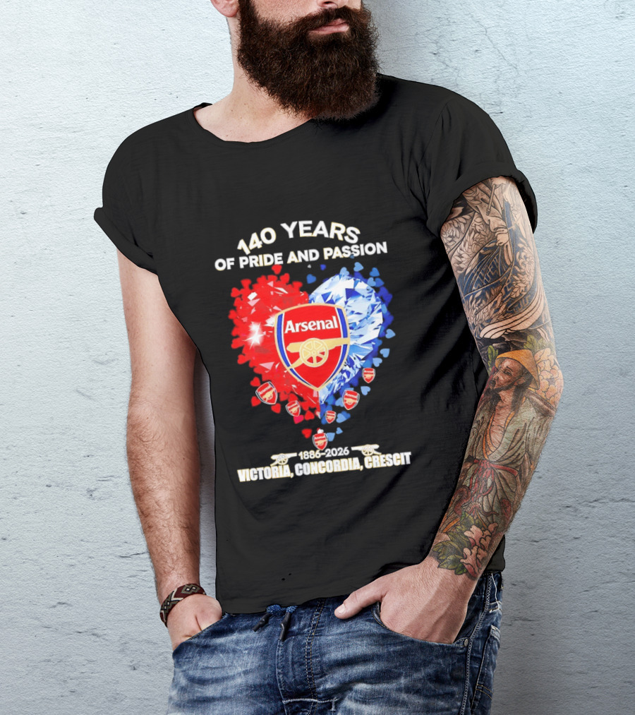 Arsenal 140 Years Of Pride And Passion Victoria Concordia Crescit 1886 2026 Heart Badge Crest T-Shirt