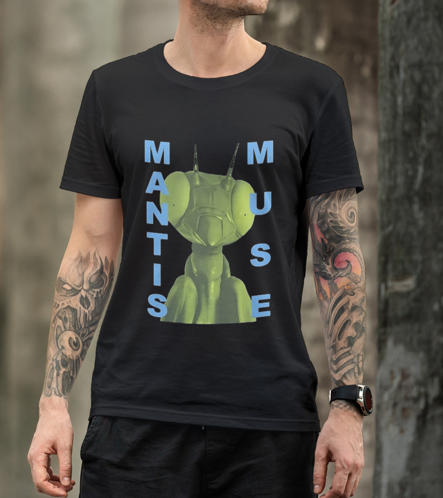 David Shrigley Mantis Muse Green Illustration With Blue T-Shirt