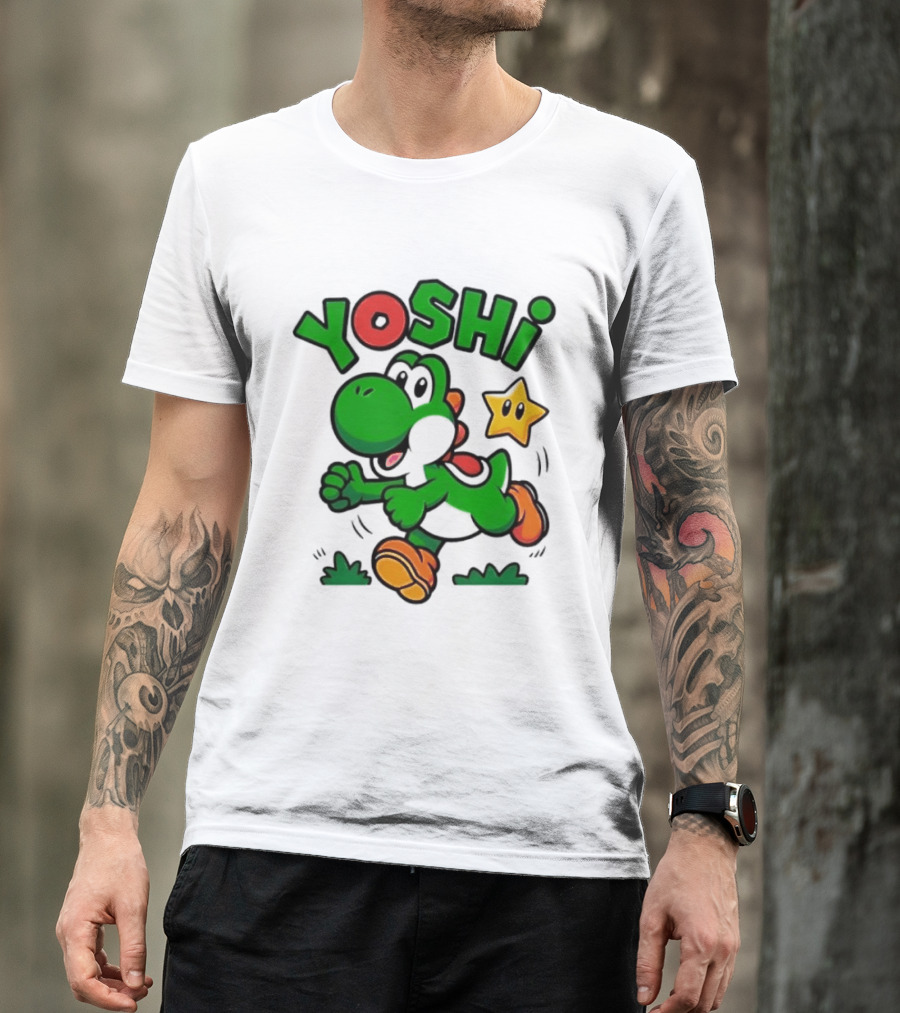 Yoshi Super Mario Green Dinosaur Running With Star T-Shirt