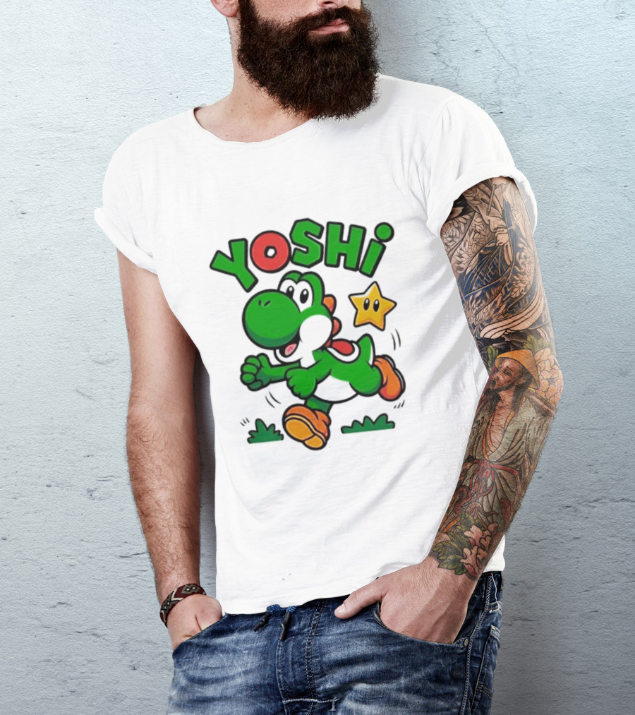 Yoshi Super Mario Green Dinosaur Running With Star T-Shirt