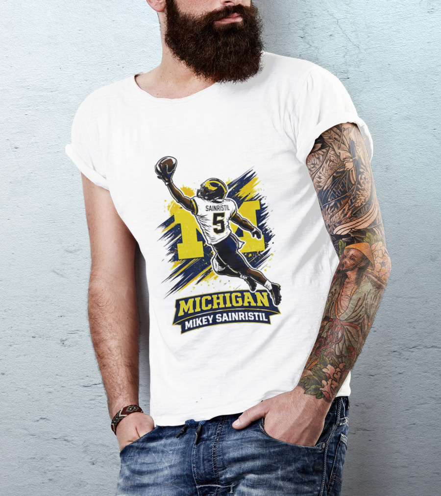 Michigan Mikey Sainristil Catching Football Wolverines Player T-Shirt