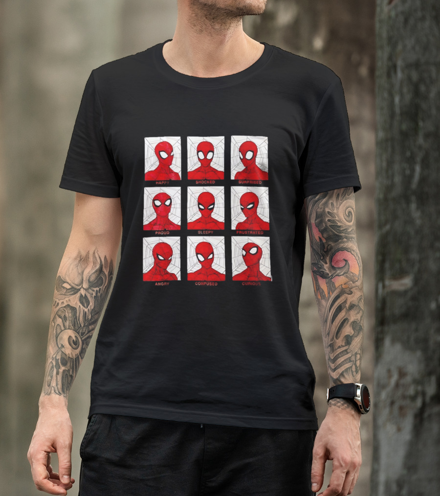 Spider Man Emotional States Happy Shocked Surprised Proud Sleepy Frustrated Angry Confused Curious T-Shirt