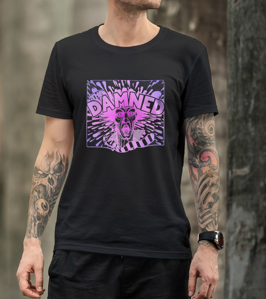 THE DAMNED Horror Face Neon Splatter Purple Black T-Shirt