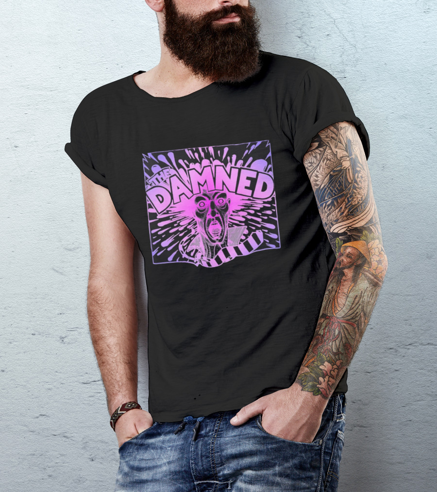 THE DAMNED Horror Face Neon Splatter Purple Black T-Shirt