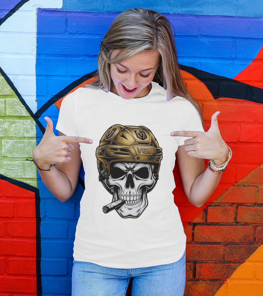 VGK Skull Helmet Vegas Golden Knights Smoking Cigar T-Shirt