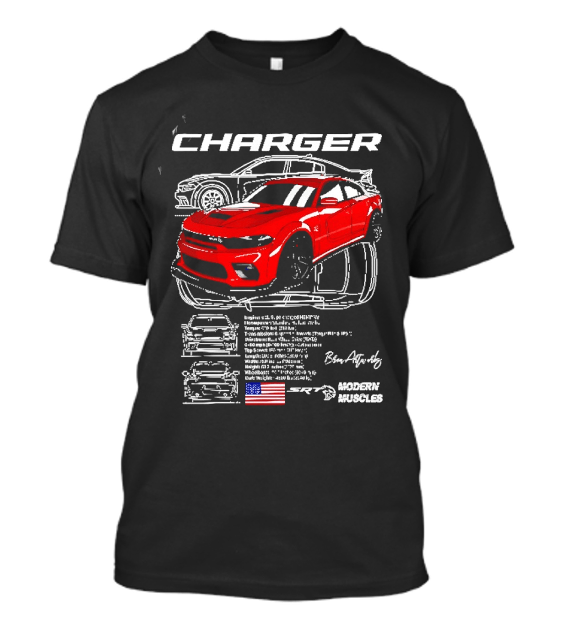 Dodge Charger Hellcat Red Modern Muscles Blueprint USA Flag T-Shirt