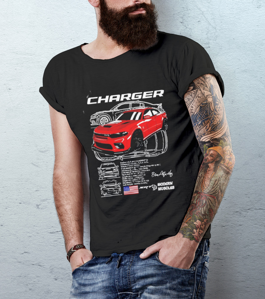 Dodge Charger Hellcat Red Modern Muscles Blueprint USA Flag T-Shirt