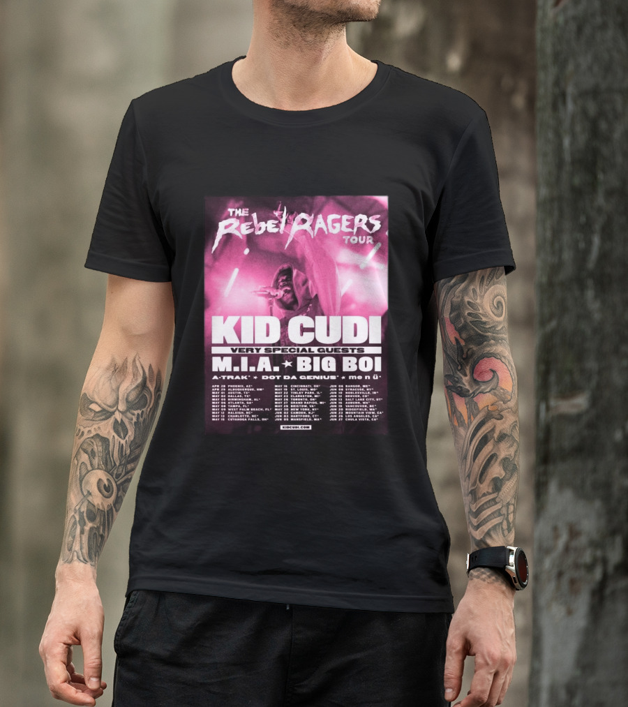 The Rebel Ragers Tour Kid Cudi 2026 Featuring M.I.A. Big Boi A Trak Dot Da Genius Tour Dates T-Shirt