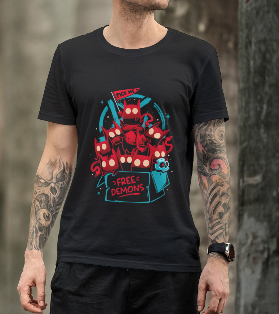 Free Demons Box Pick Me Red Monsters Cute Cartoon T-Shirt