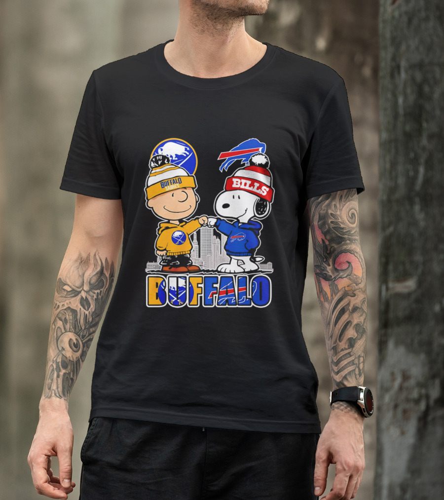 Buffalo Sabres Bills Snoopy City Skyline Collaboration With Charlie Brown T-Shirt