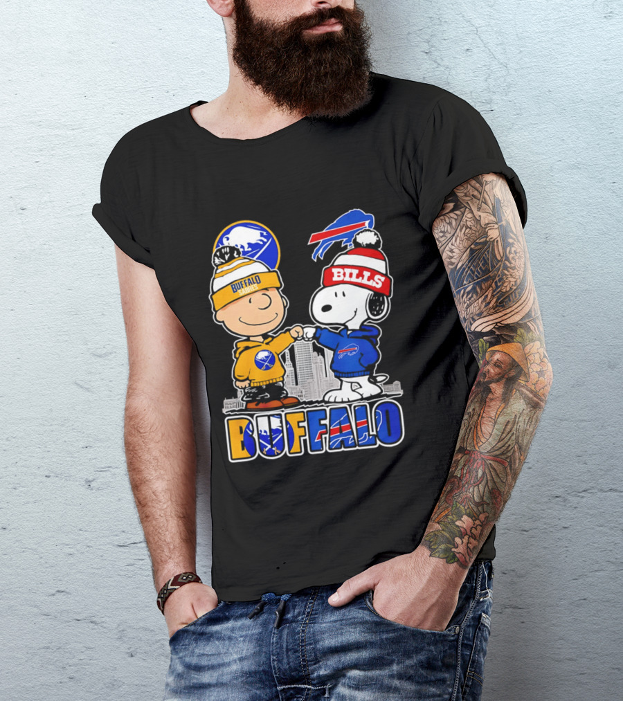 Buffalo Sabres Bills Snoopy City Skyline Collaboration With Charlie Brown T-Shirt