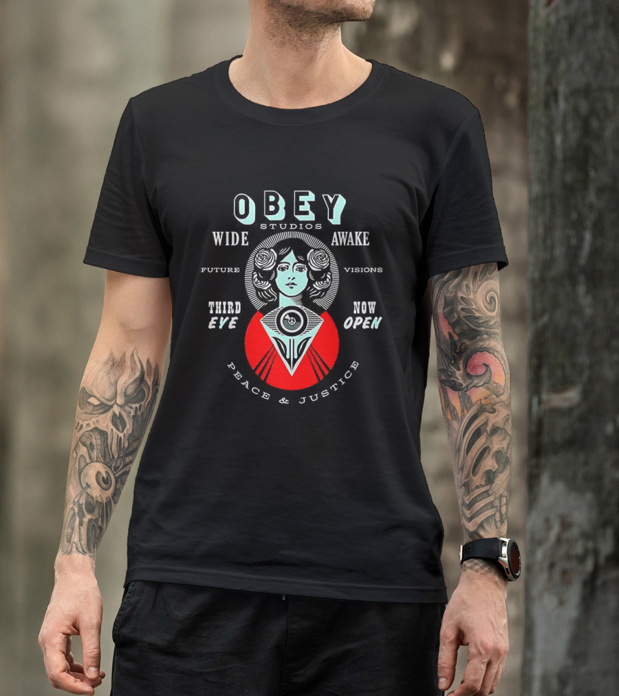 Obey Studios Wide Awake Future Visions Third Eye Now Open Peace And Justice T-Shirt