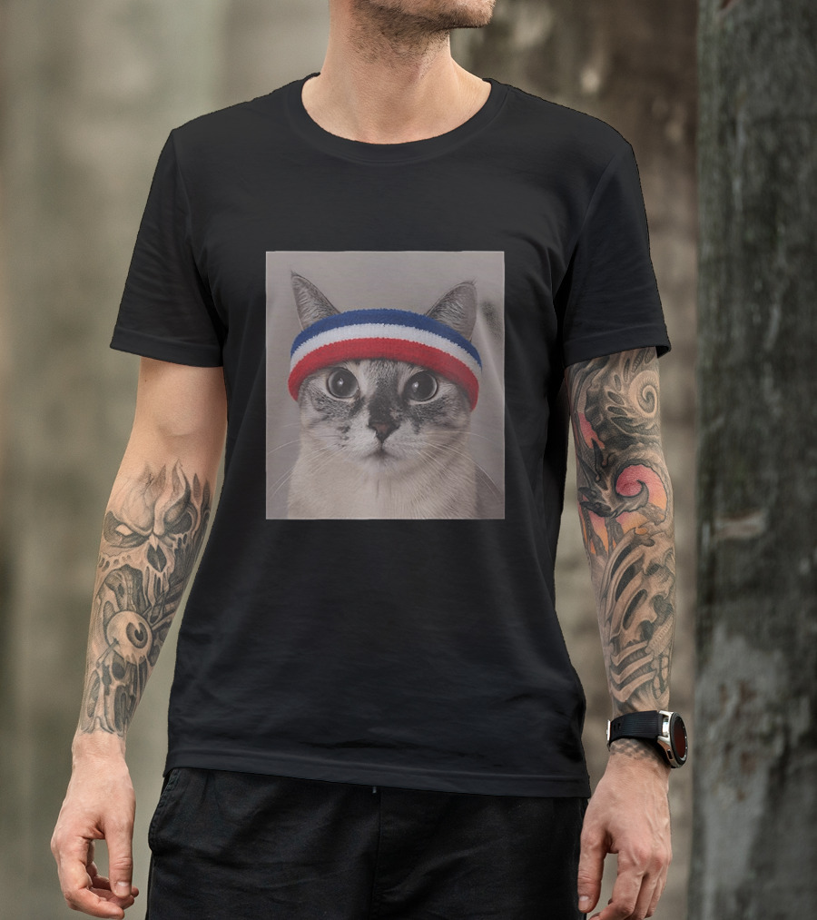 Cat Wearing Red White Blue Terry Headband T-Shirt