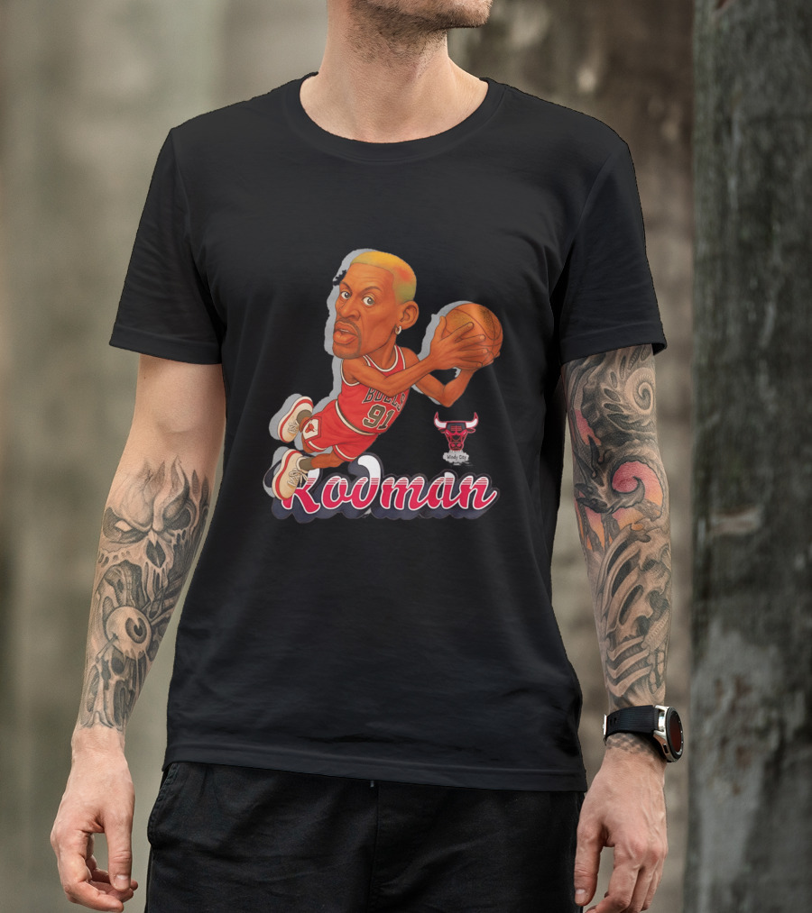 Dennis Rodman Chicago Bulls 91 Fickett Classics Windy City Cartoon T-Shirt